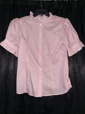 Selkie Pink and White Gingham Ruffle Collar Blouse